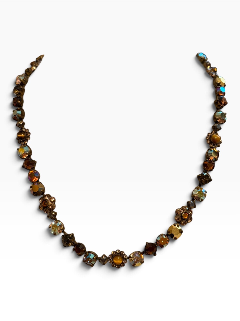 Sorrelli Tiger Eye Amber AB crystal floral necklace Antiqued gold finish